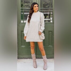 Pink Lily A Step Ahead Beige Textured Mock Neck Sweater Dress